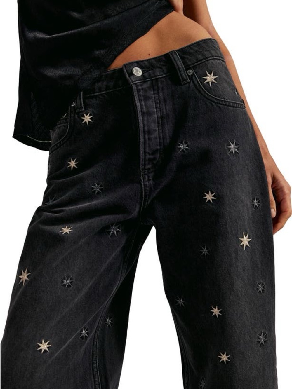 Free People Black Star Embroidered Wide-Leg Jeans